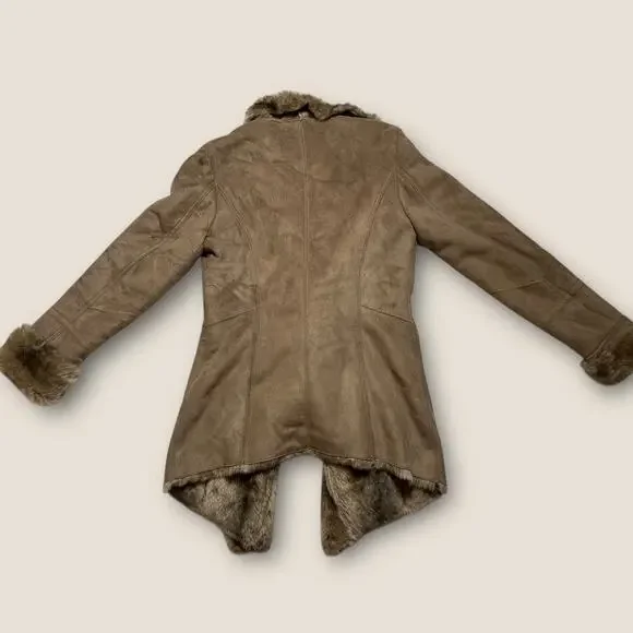 Boston Proper Faux Suede Faux Fur Coat Women’s M Tan Waterfall Jacket Stylish - Picture 3 of 5